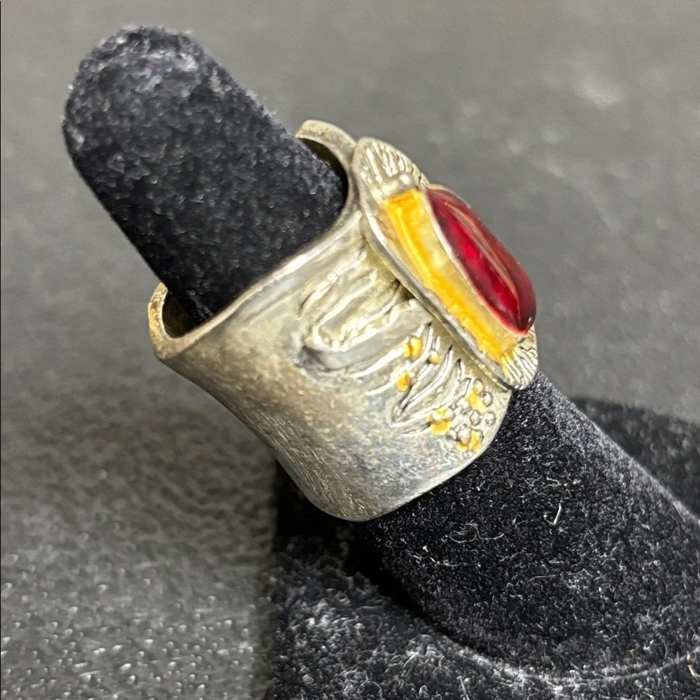 Vintage Chunky Silver and Gold Ring Red Tourmaline